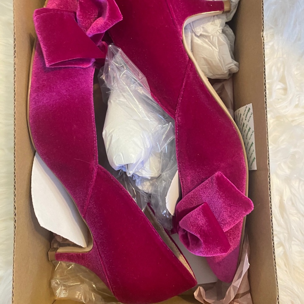 Pink velvet bow front kitten heels